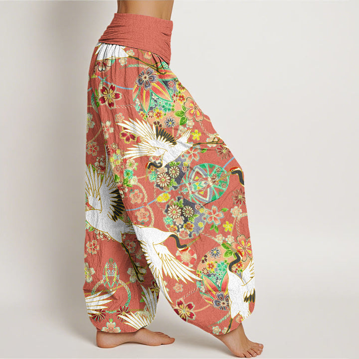 Pantalones harén para mujer con cintura elástica y estampado floral geométrico con grullas y Buddha Stones - image 7