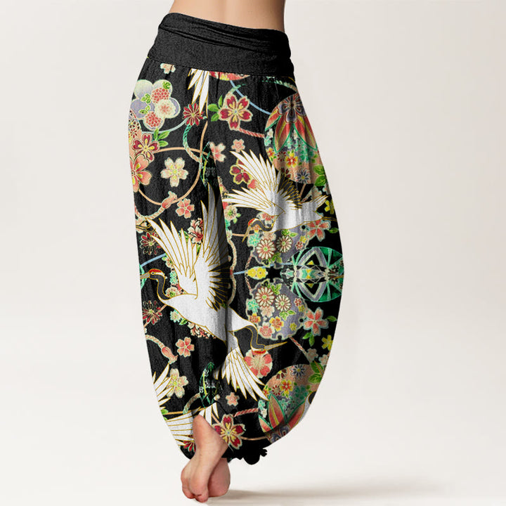 Pantalones harén para mujer con cintura elástica y estampado floral geométrico con grullas y Buddha Stones - image 9