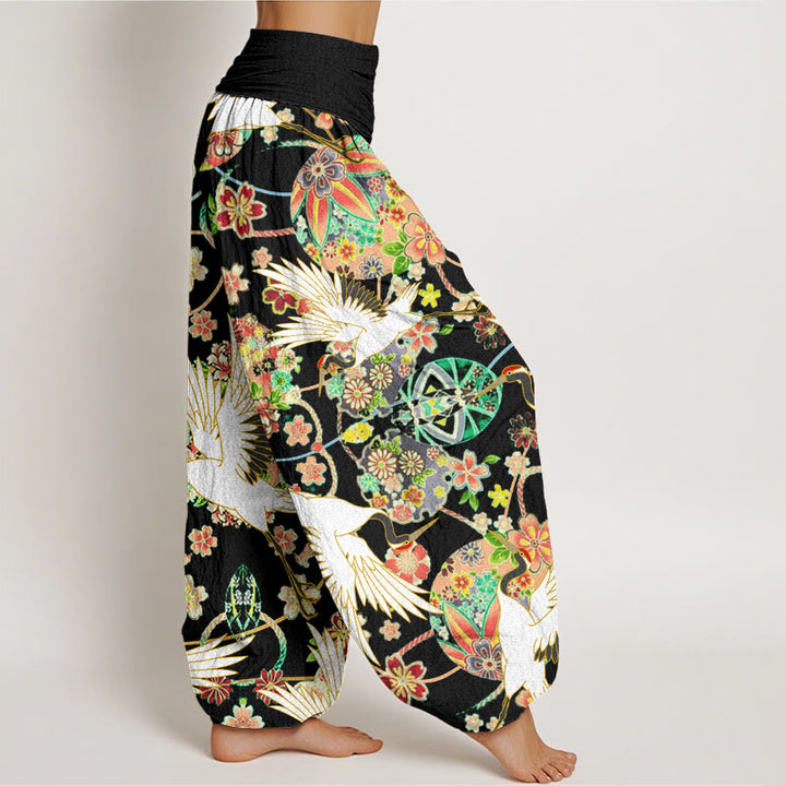 Pantalones harén para mujer con cintura elástica y estampado floral geométrico con grullas y Buddha Stones - image 10