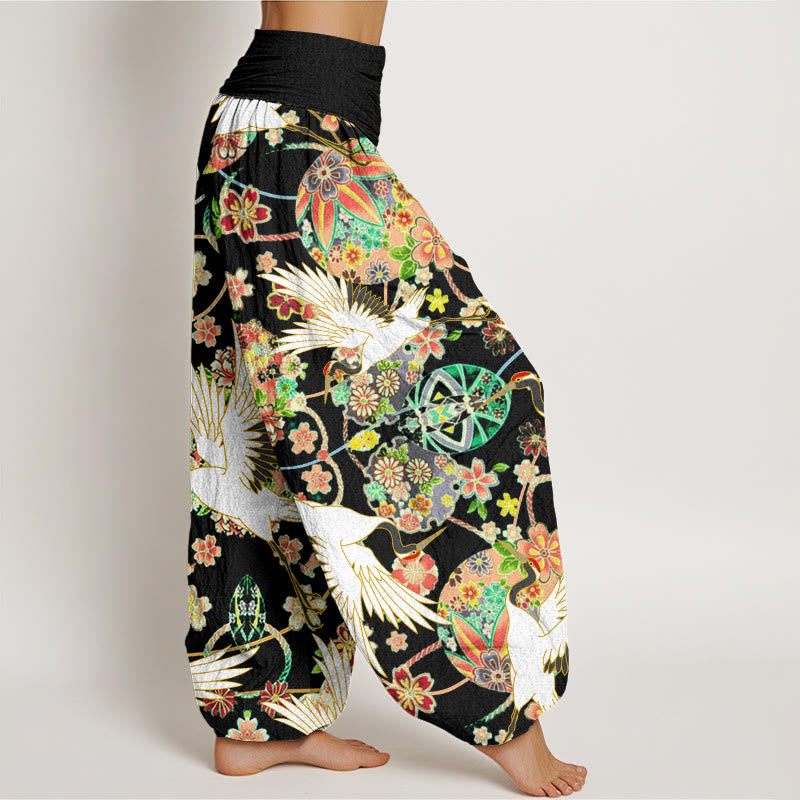 Pantalones harén para mujer con cintura elástica y estampado floral geométrico con grullas y Buddha Stones - image 9