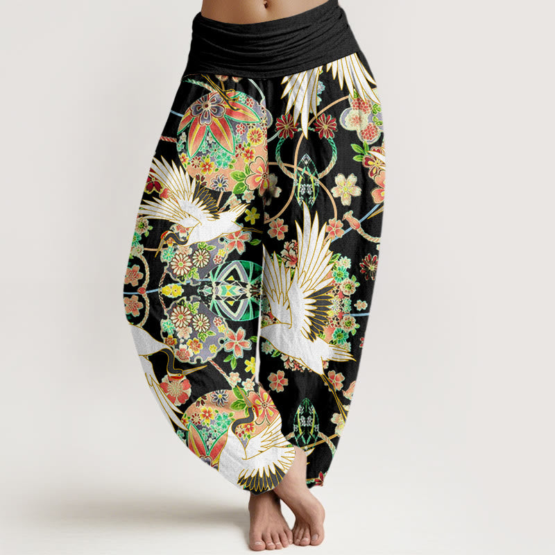 Pantalones harén para mujer con cintura elástica y estampado floral geométrico con grullas y Buddha Stones - Negro - US22，UK/AU26，EU54 (6XL) - image 8