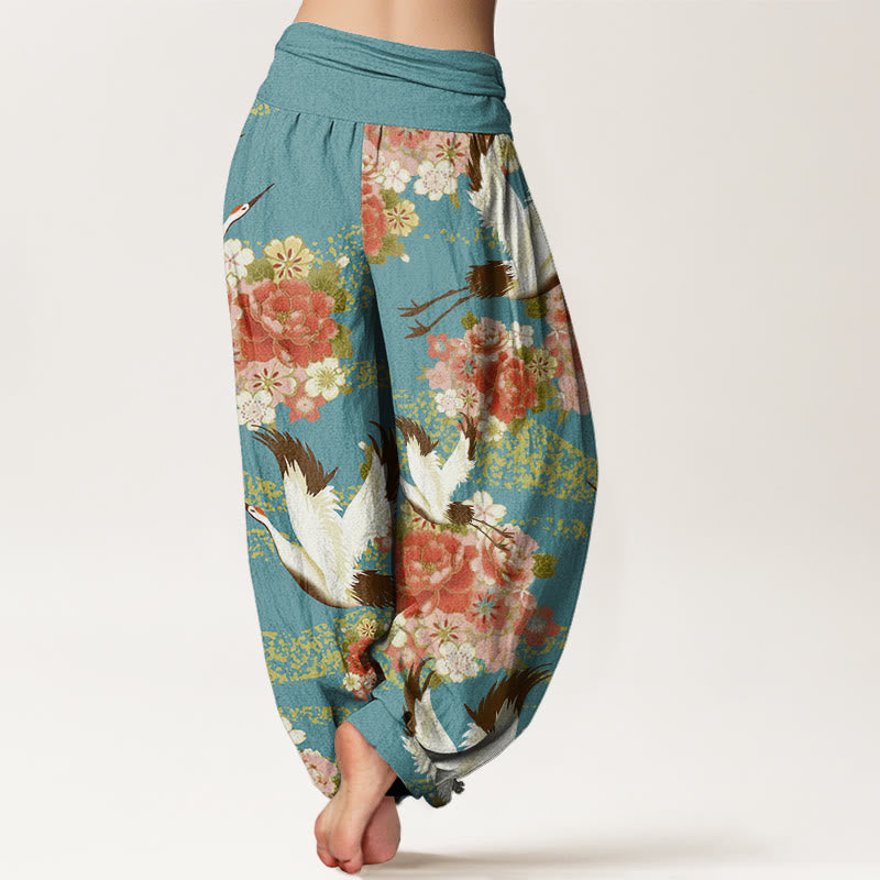 Pantalones harén para mujer con cintura elástica y estampado de flores de cerezo y peonías con Buddha Stones - image 2