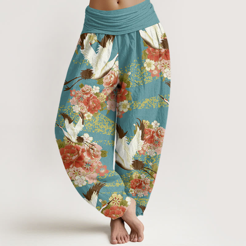 Pantalones harén para mujer con cintura elástica y estampado de flores de cerezo y peonías con Buddha Stones - Turquesa medio - US22，UK/AU26，EU54 (6XL) - image 1