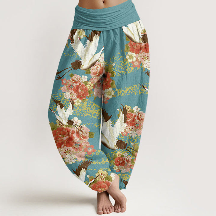 Pantalones harén para mujer con cintura elástica y estampado de flores de cerezo y peonías con Buddha Stones - Turquesa medio - US22，UK/AU26，EU54 (6XL) - image 1