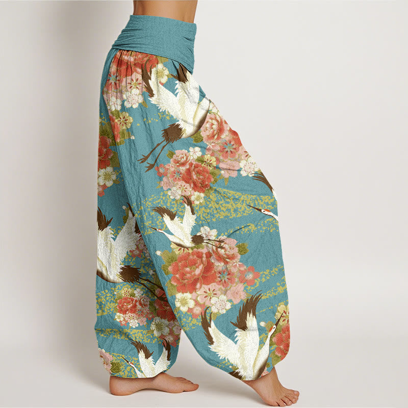 Pantalones harén para mujer con cintura elástica y estampado de flores de cerezo y peonías con Buddha Stones - image 3