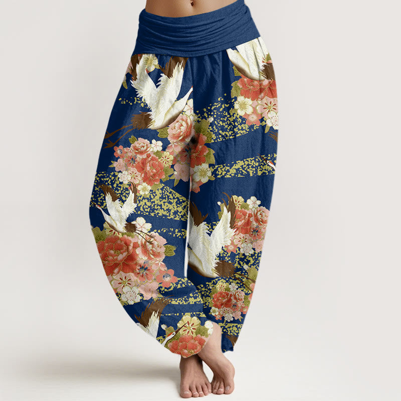 Pantalones harén para mujer con cintura elástica y estampado de flores de cerezo y peonías con Buddha Stones - Azul oscuro - US22，UK/AU26，EU54 (6XL) - image 5