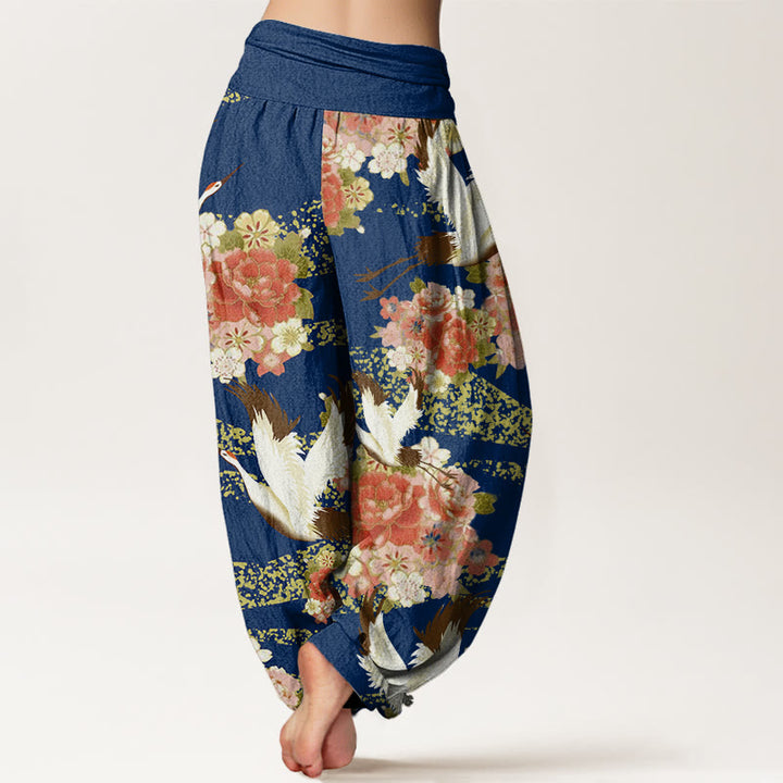 Pantalones harén para mujer con cintura elástica y estampado de flores de cerezo y peonías con Buddha Stones - image 6