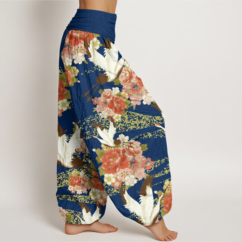 Pantalones harén para mujer con cintura elástica y estampado de flores de cerezo y peonías con Buddha Stones - image 7