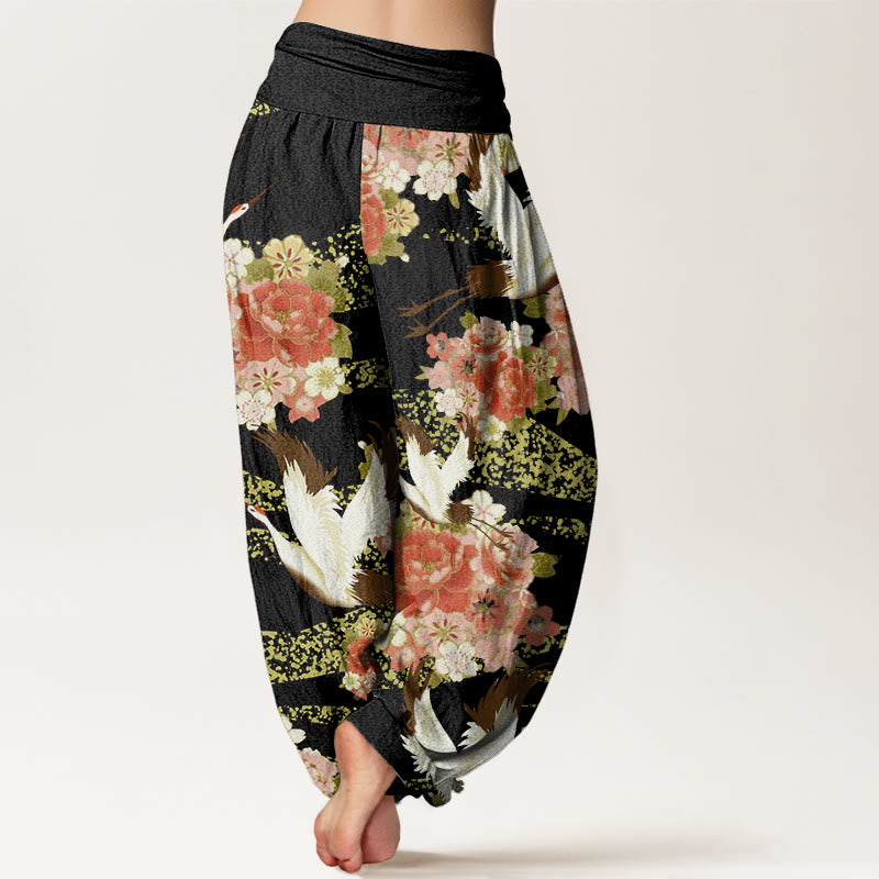 Pantalones harén para mujer con cintura elástica y estampado de flores de cerezo y peonías con Buddha Stones - image 9