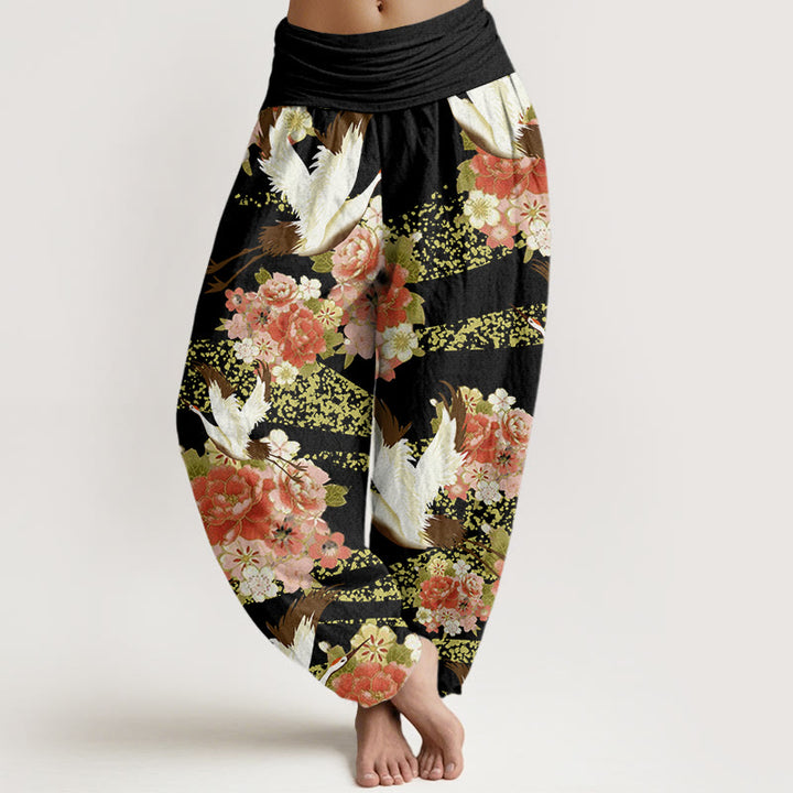 Pantalones harén para mujer con cintura elástica y estampado de flores de cerezo y peonías con Buddha Stones - Negro - US22，UK/AU26，EU54 (6XL) - image 8