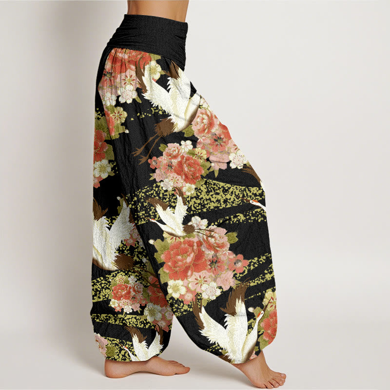 Pantalones harén para mujer con cintura elástica y estampado de flores de cerezo y peonías con Buddha Stones - image 10