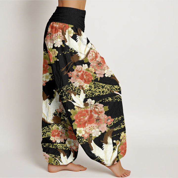 Pantalones harén para mujer con cintura elástica y estampado de flores de cerezo y peonías con Buddha Stones - image 10