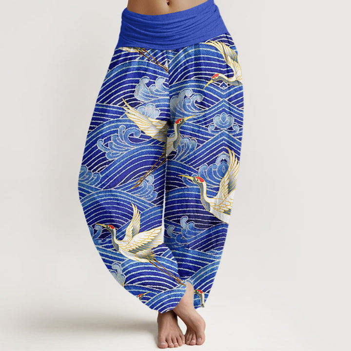 Pantalón tipo harem de mujer con cintura elástica, estampado informal de grullas y olas del océano, de algodón con Buddha Stones. - Azul pizarra - US22，UK/AU26，EU54 (6XL) - image 0