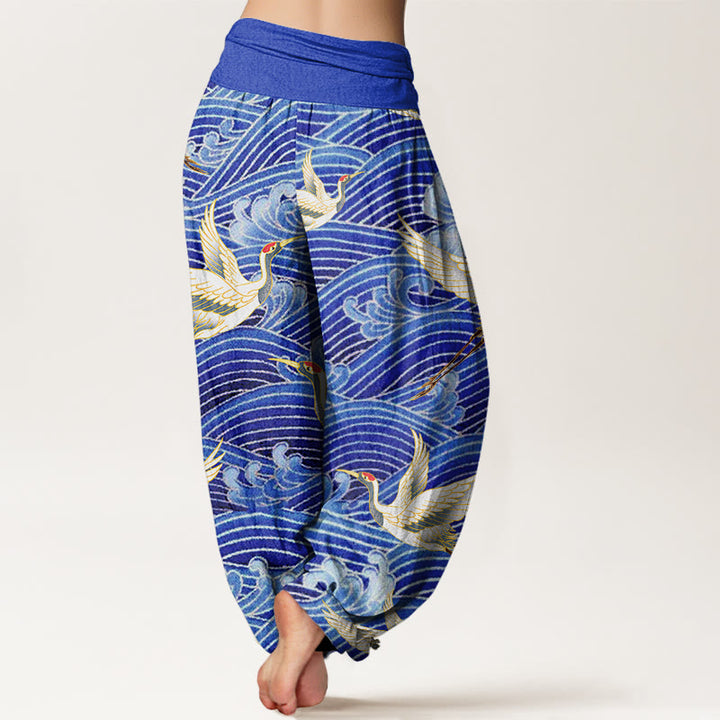 Pantalones harén para mujer con cintura elástica y estampado de olas del océano y grullas informales con Buddha Stones - image 1