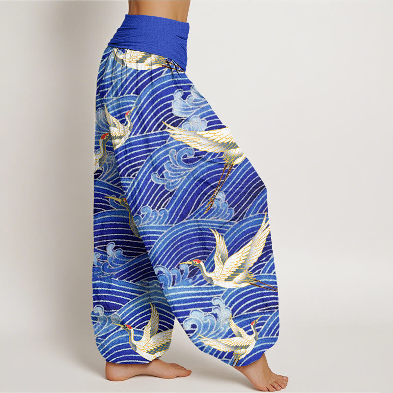 Pantalones harén para mujer con cintura elástica y estampado de olas del océano y grullas informales con Buddha Stones - image 3