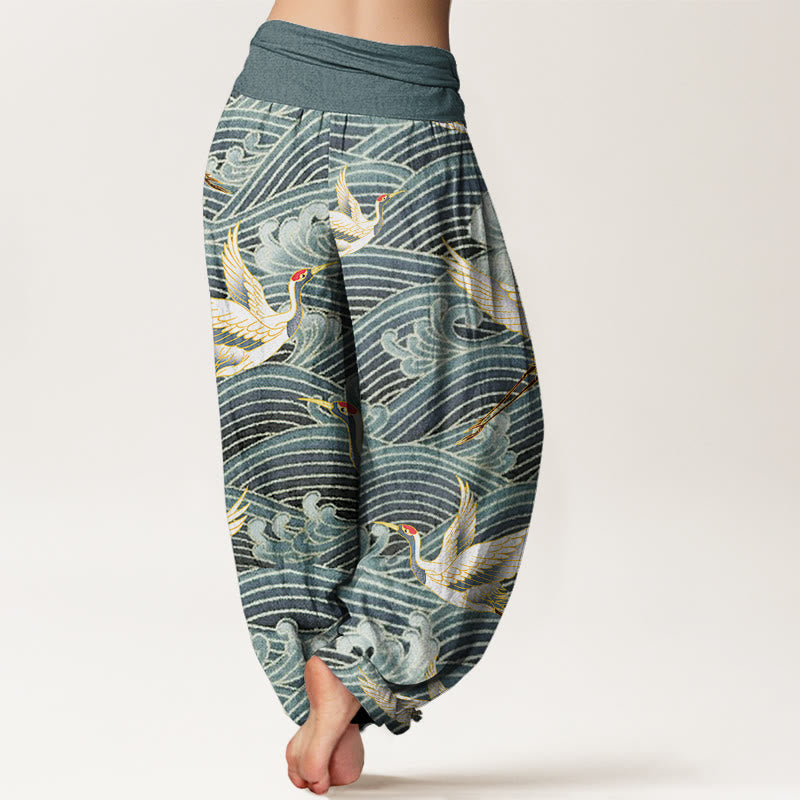 Pantalones harén para mujer con cintura elástica y estampado de olas del océano y grullas informales con Buddha Stones - image 5