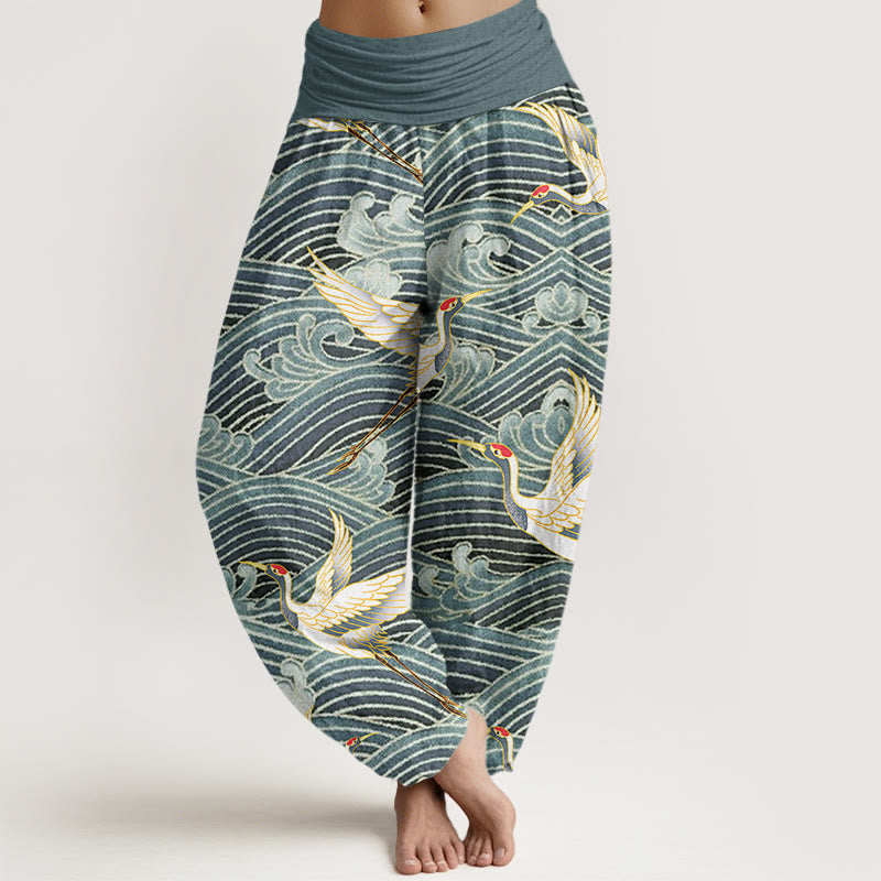 Pantalones harén para mujer con cintura elástica y estampado de olas del océano y grullas informales con Buddha Stones - Azul cadete - US22，UK/AU26，EU54 (6XL) - image 4
