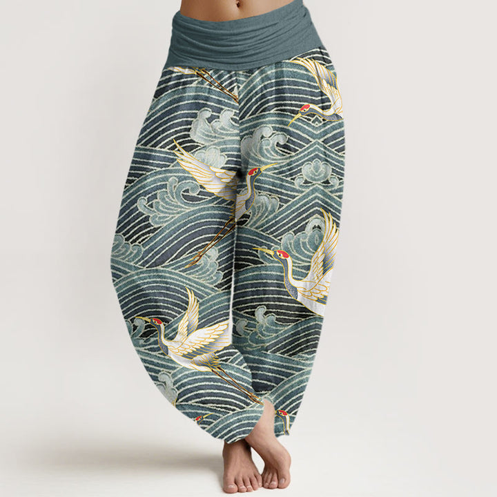 Pantalones harén para mujer con cintura elástica y estampado de olas del océano y grullas informales con Buddha Stones - Azul cadete - US22，UK/AU26，EU54 (6XL) - image 4