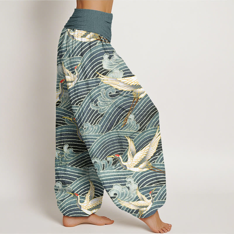 Pantalones harén para mujer con cintura elástica y estampado de olas del océano y grullas informales con Buddha Stones - image 6