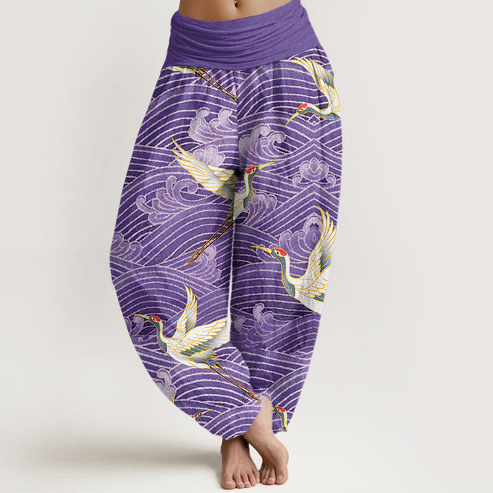 Pantalones harén para mujer con cintura elástica y estampado de olas del océano y grullas informales con Buddha Stones - Orquídea oscura - US22，UK/AU26，EU54 (6XL) - image 8