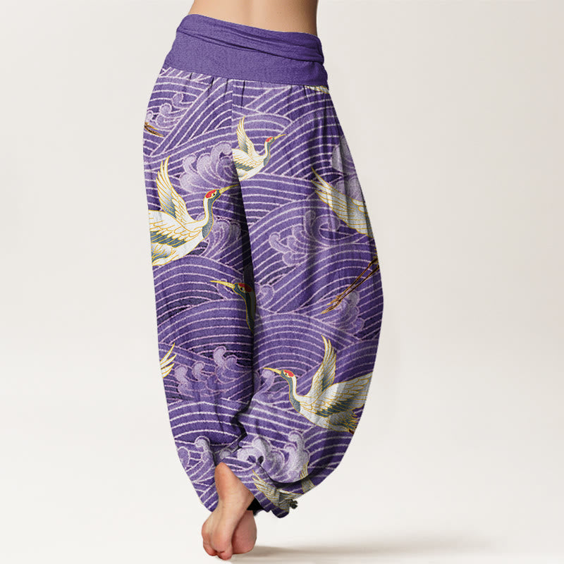 Pantalones harén para mujer con cintura elástica y estampado de olas del océano y grullas informales con Buddha Stones - image 8