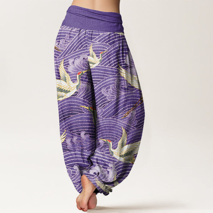 Pantalones harén para mujer con cintura elástica y estampado de olas del océano y grullas informales con Buddha Stones - image 8