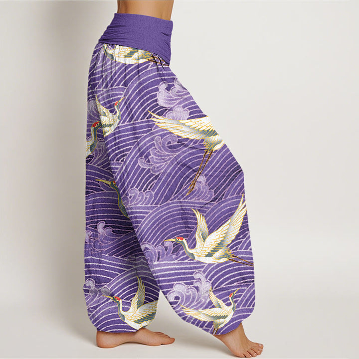 Pantalones harén para mujer con cintura elástica y estampado de olas del océano y grullas informales con Buddha Stones - image 9
