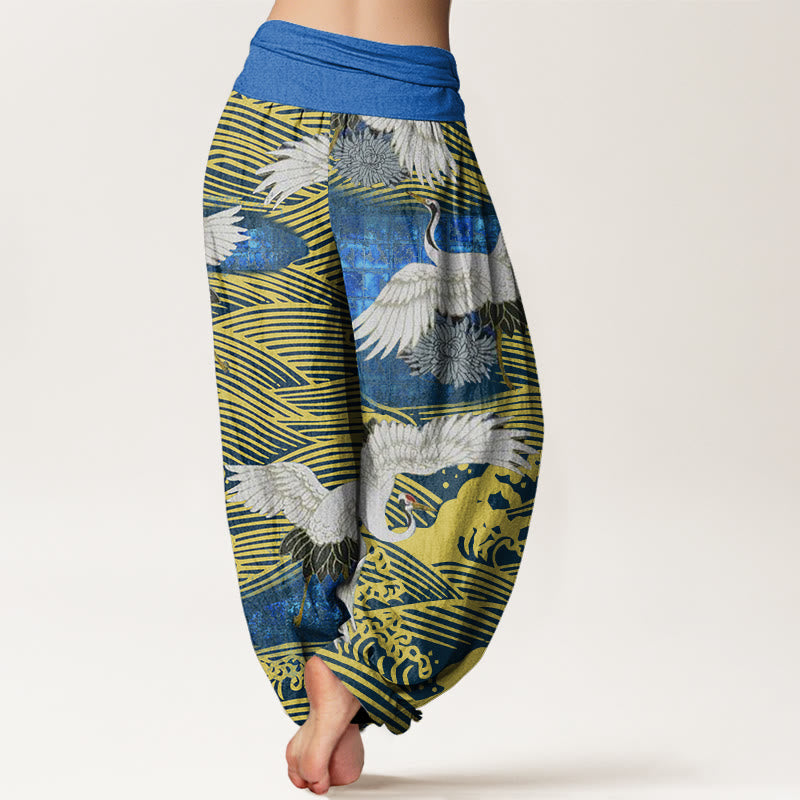 Pantalones harén de cintura elástica para mujer con diseño de crisantemo, olas del océano y grullas de Buddha Stones - image 2