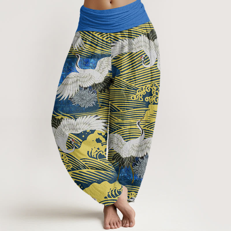 Pantalones harén de cintura elástica para mujer con diseño de crisantemo, olas del océano y grullas de Buddha Stones - DodgerBlue - US22，UK/AU26，EU54 (6XL) - image 1