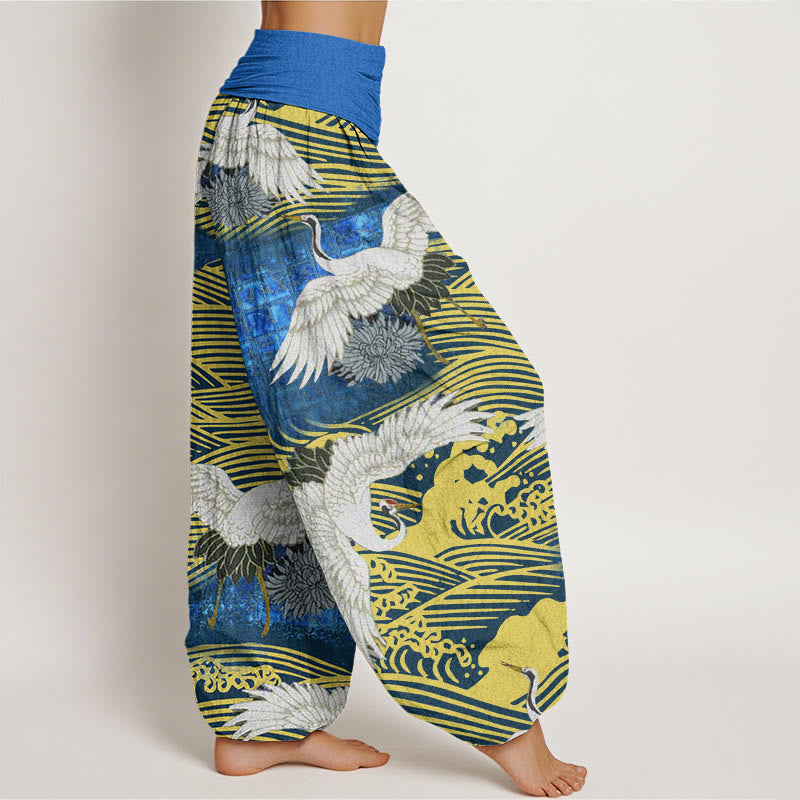 Pantalones harén de cintura elástica para mujer con diseño de crisantemo, olas del océano y grullas de Buddha Stones - image 3