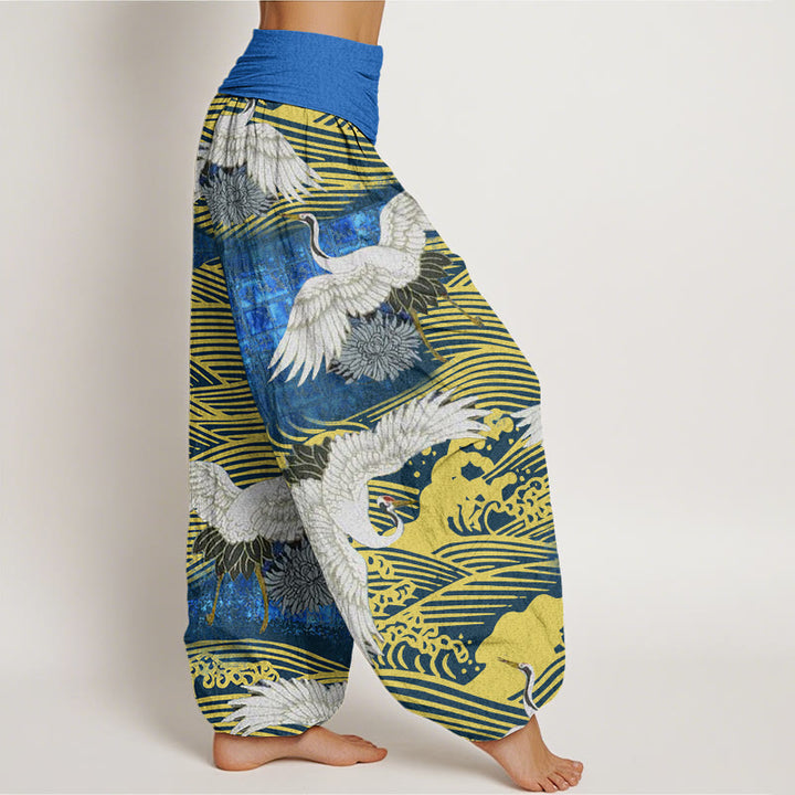 Pantalones harén de cintura elástica para mujer con diseño de crisantemo, olas del océano y grullas de Buddha Stones - image 3