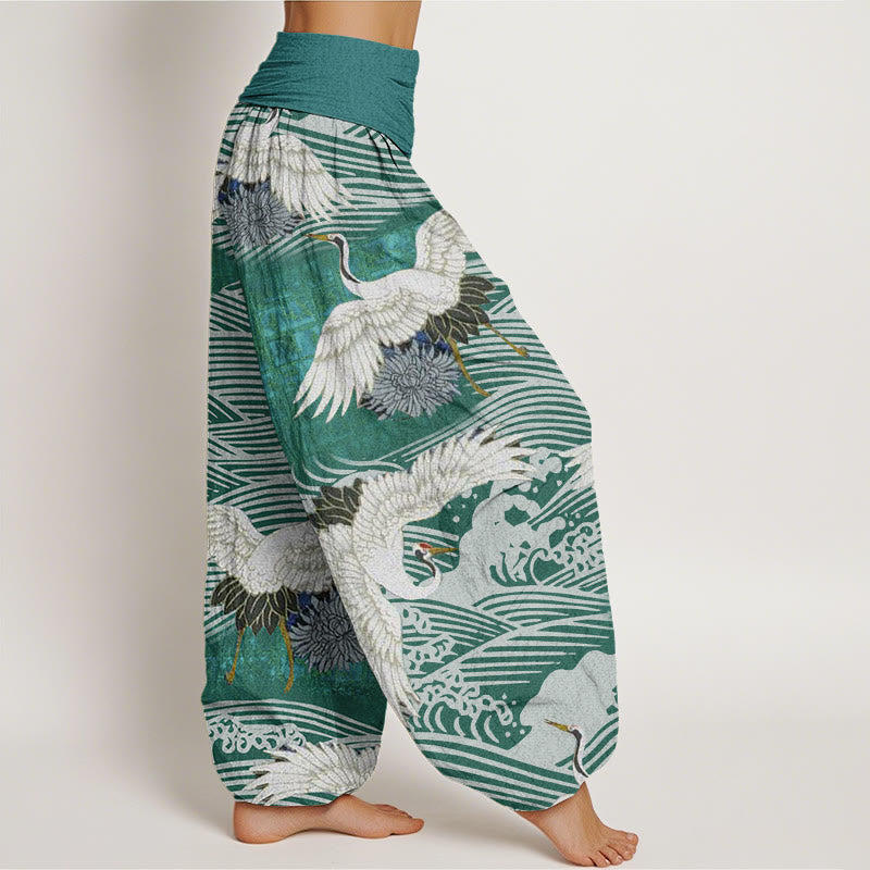 Pantalones harén de cintura elástica para mujer con diseño de crisantemo, olas del océano y grullas de Buddha Stones - image 7