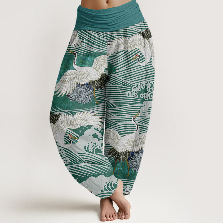 Pantalones harén de cintura elástica para mujer con diseño de crisantemo, olas del océano y grullas de Buddha Stones - Verde mar claro - US22，UK/AU26，EU54 (6XL) - image 5