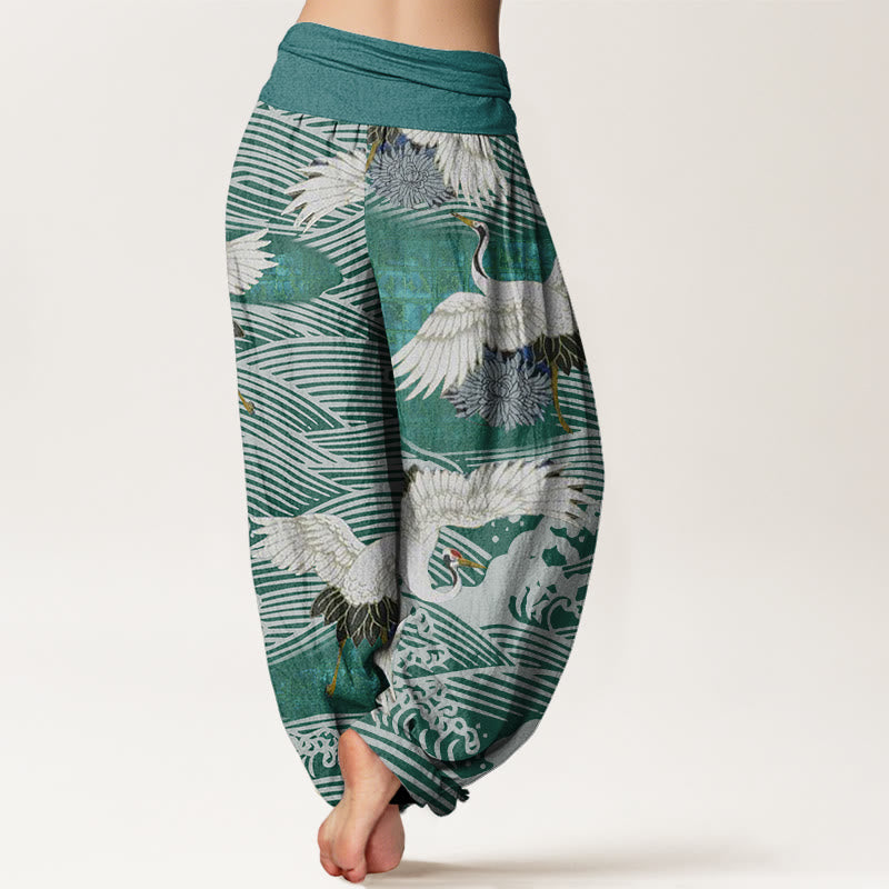 Pantalones harén de cintura elástica para mujer con diseño de crisantemo, olas del océano y grullas de Buddha Stones - image 6