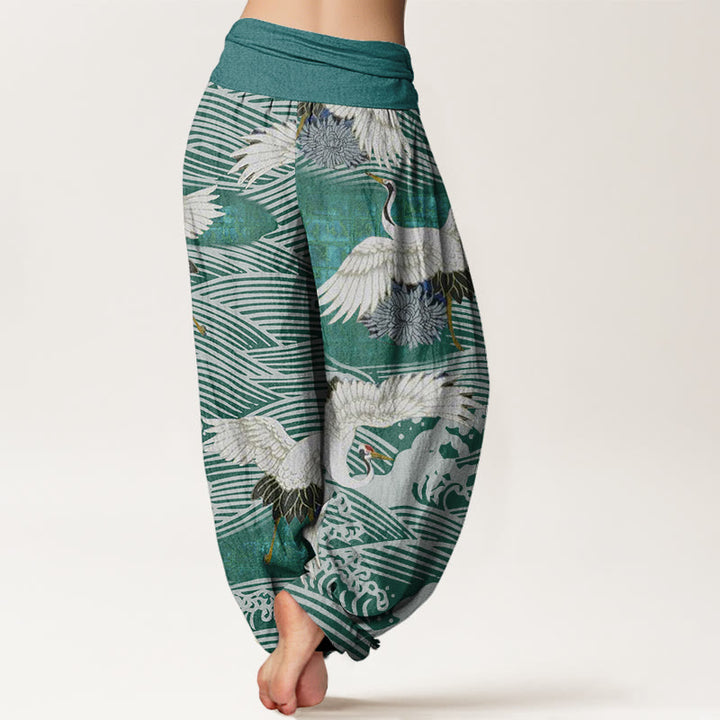 Pantalones harén de cintura elástica para mujer con diseño de crisantemo, olas del océano y grullas de Buddha Stones - image 6