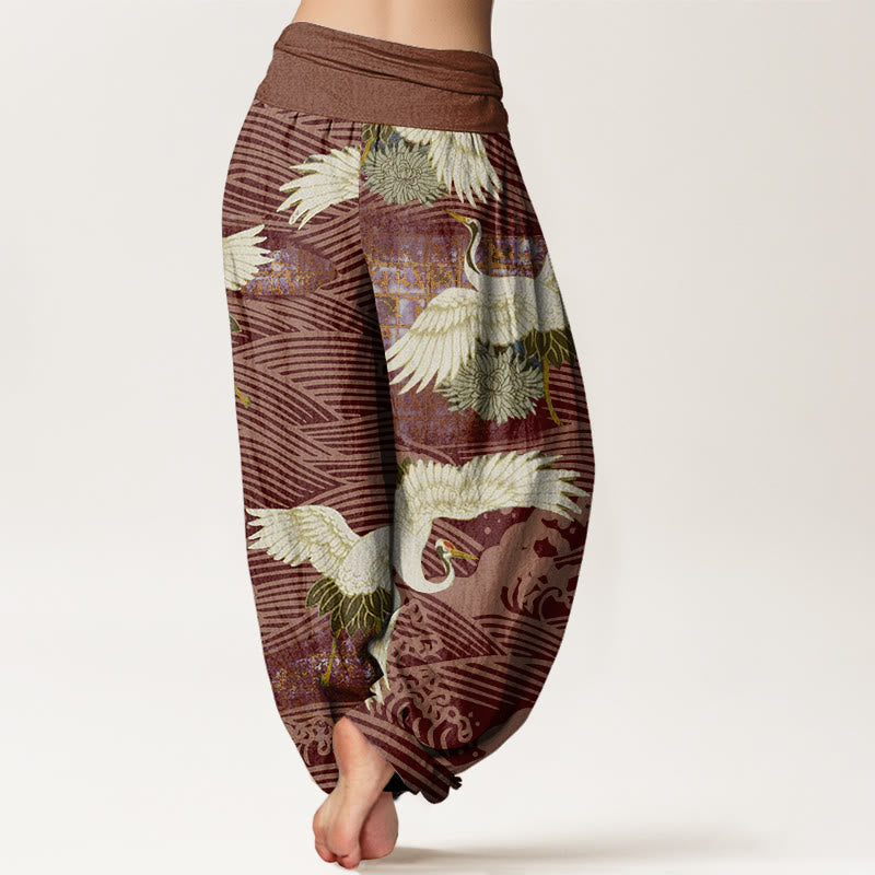 Pantalones harén de cintura elástica para mujer con diseño de crisantemo, olas del océano y grullas de Buddha Stones - image 9