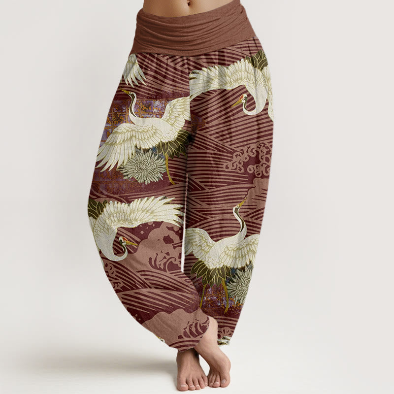 Pantalones harén de cintura elástica para mujer con diseño de crisantemo, olas del océano y grullas de Buddha Stones - Tierra de siena - US22，UK/AU26，EU54 (6XL) - image 8