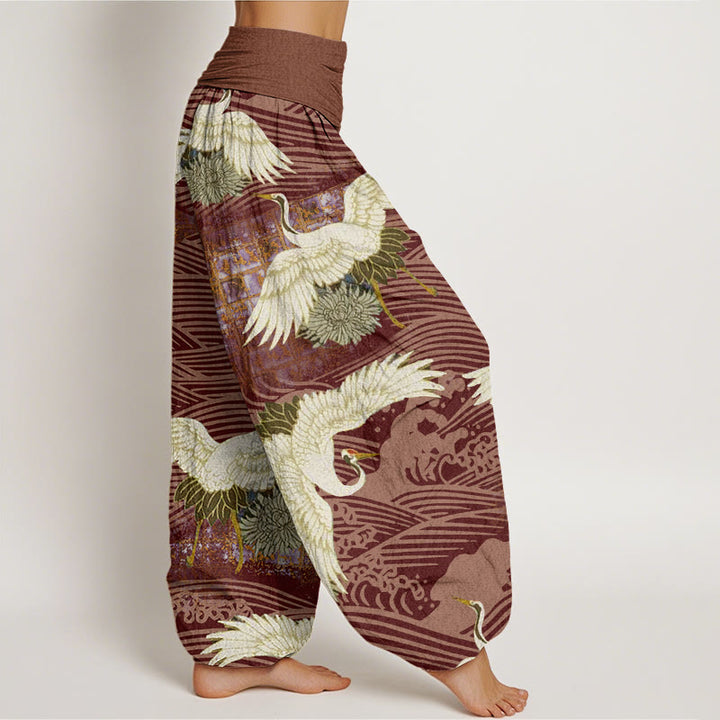 Pantalones harén de cintura elástica para mujer con diseño de crisantemo, olas del océano y grullas de Buddha Stones - image 10