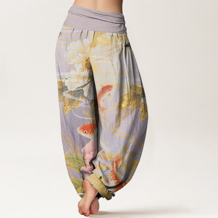 Pantalones harén con cintura elástica para mujer, informales, con estampado de hojas doradas y peonías de Buddha Stones y peces koi - image 2