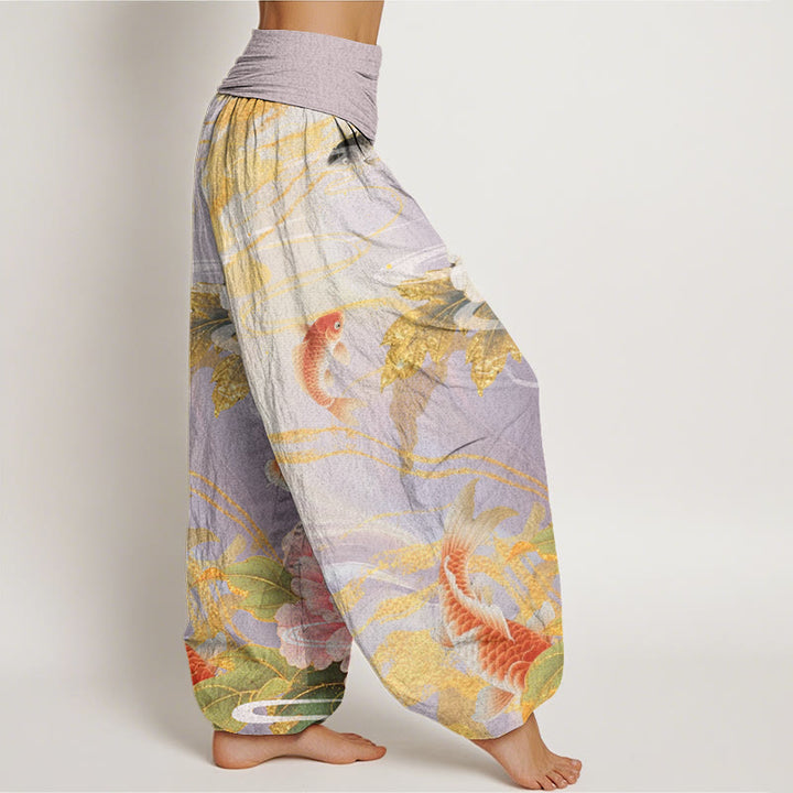 Pantalones harén con cintura elástica para mujer, informales, con estampado de hojas doradas y peonías de Buddha Stones y peces koi - image 3
