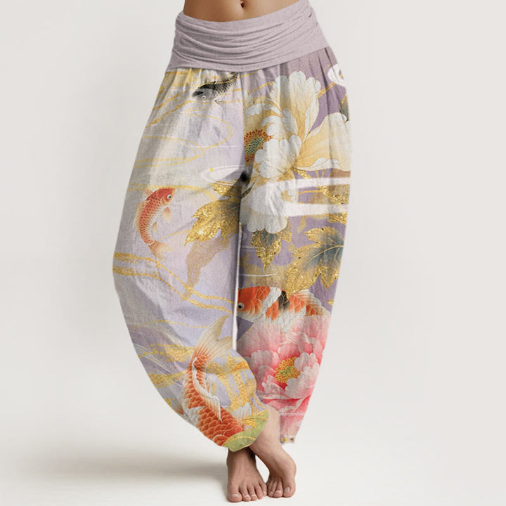 Pantalones harén con cintura elástica para mujer, informales, con estampado de hojas doradas y peonías de Buddha Stones y peces koi - Cardo - US22，UK/AU26，EU54 (6XL) - image 1