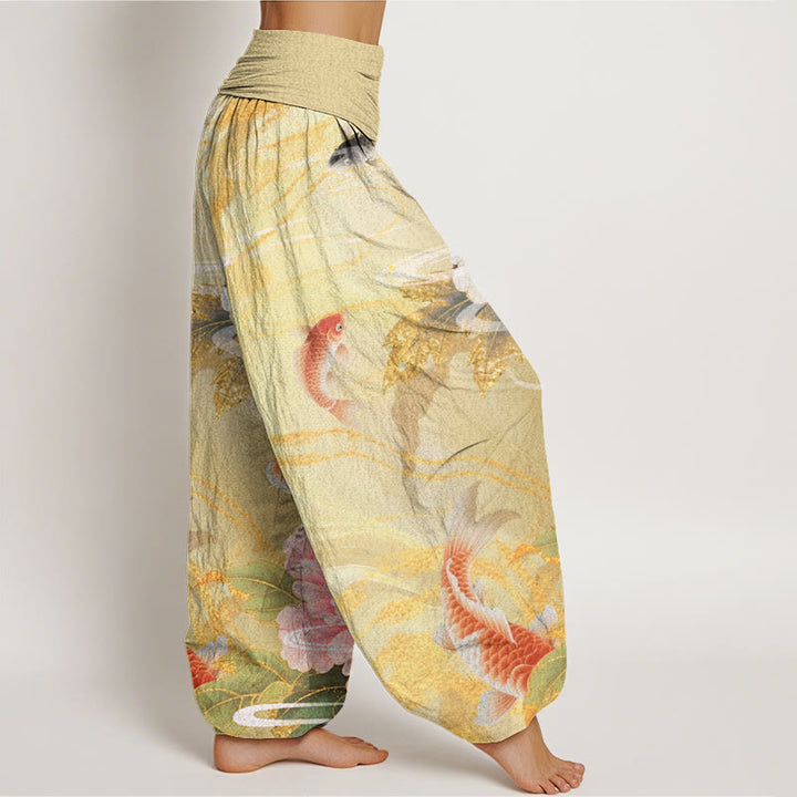 Pantalones harén con cintura elástica para mujer, informales, con estampado de hojas doradas y peonías de Buddha Stones y peces koi - image 7