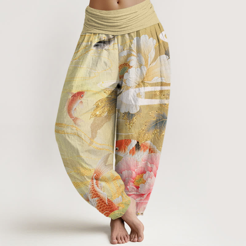 Pantalones harén con cintura elástica para mujer, informales, con estampado de hojas doradas y peonías de Buddha Stones y peces koi - Caqui - US22，UK/AU26，EU54 (6XL) - image 5