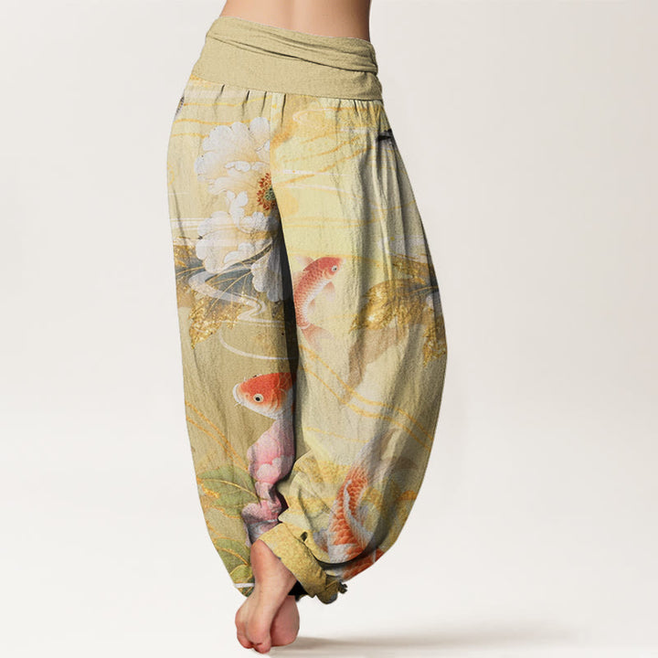 Pantalones harén con cintura elástica para mujer, informales, con estampado de hojas doradas y peonías de Buddha Stones y peces koi - image 6