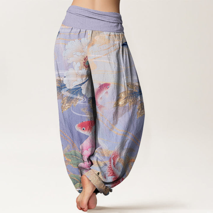 Pantalones harén con cintura elástica para mujer, informales, con estampado de hojas doradas y peonías de Buddha Stones y peces koi - image 9