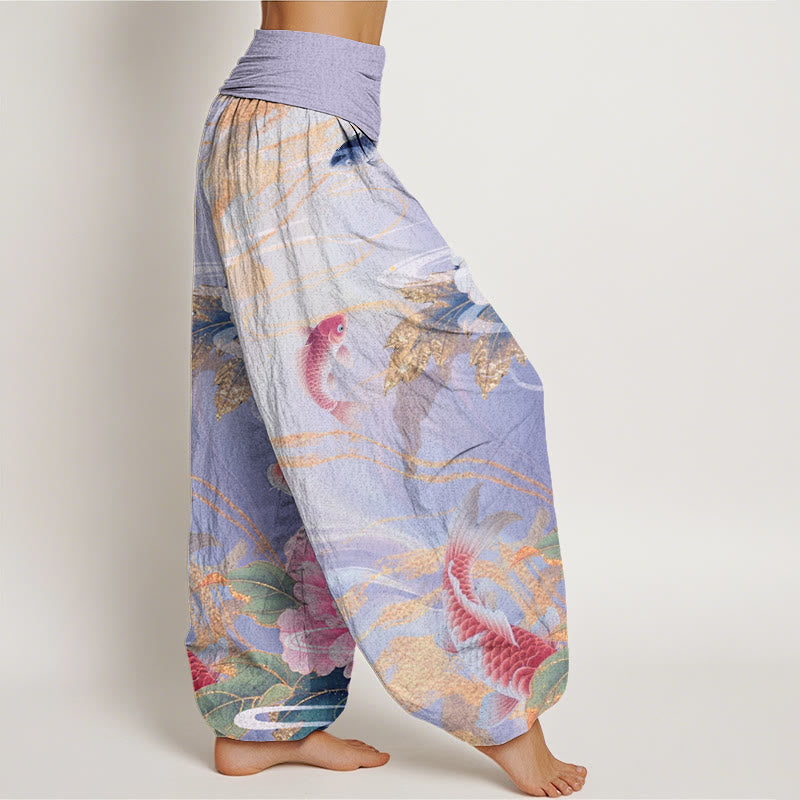 Pantalones harén con cintura elástica para mujer, informales, con estampado de hojas doradas y peonías de Buddha Stones y peces koi - image 10