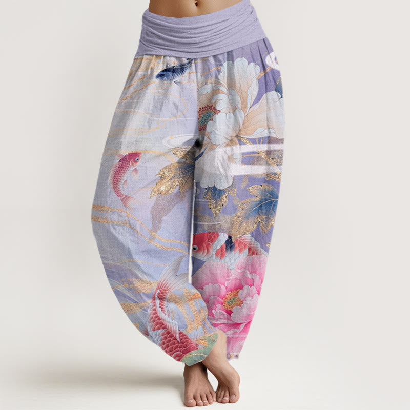Pantalones harén con cintura elástica para mujer, informales, con estampado de hojas doradas y peonías de Buddha Stones y peces koi - Ciruela - US22，UK/AU26，EU54 (6XL) - image 8