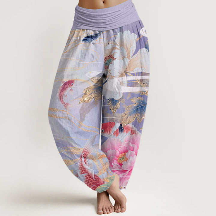 Pantalones harén con cintura elástica para mujer, informales, con estampado de hojas doradas y peonías de Buddha Stones y peces koi - Ciruela - US22，UK/AU26，EU54 (6XL) - image 8