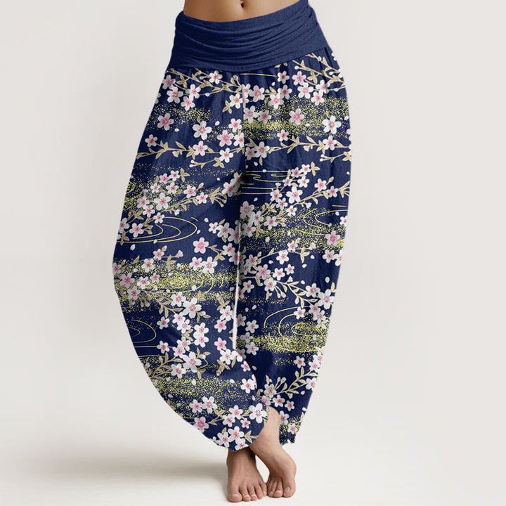 Pantalones harén informales con estampado de agua y flores de cerezo de Buddha Stones para mujer, cintura elástica - Azul medianoche - US22，UK/AU26，EU54 (6XL) - image 1