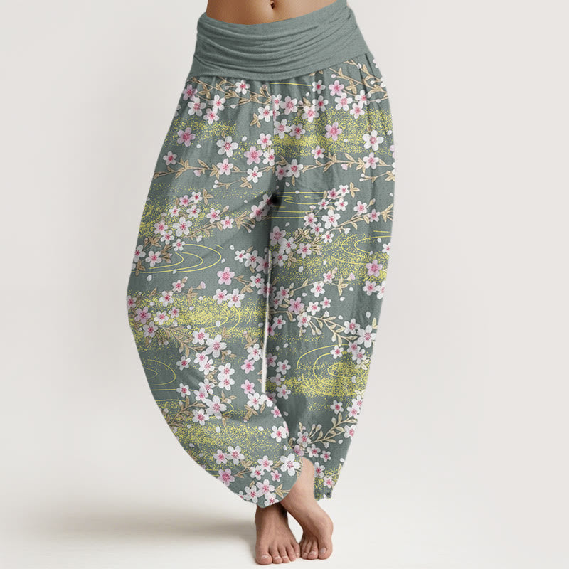 Pantalones harén informales con estampado de agua y flores de cerezo de Buddha Stones para mujer, cintura elástica - Aguamarina mediana - US22，UK/AU26，EU54 (6XL) - image 5